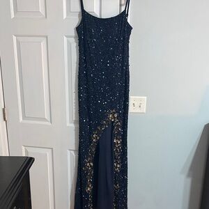David's Bridal Navy Blue Prom Dress with Gold Accents